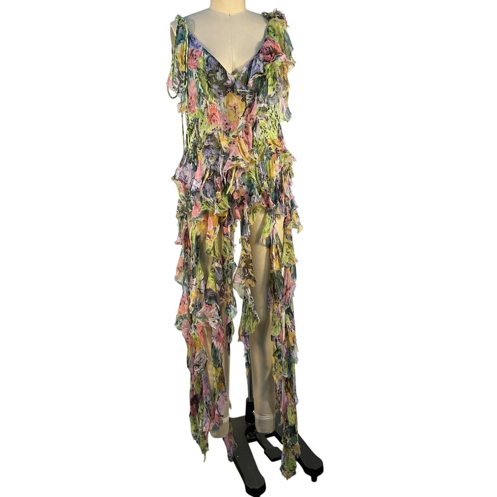 Dries Van Noten Asymmetric Ruffled Green Floral Silk Crepon Top Size FR 34 / US - Picture 2 of 6